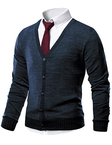 HARRISON83 Mens Slim Fit V-Neck Button Up Cardigan Sweater /NS1088-NAVY-L