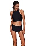 Wellwits Women's Crop Top High Neck High Waist Two Piece Swimsuit