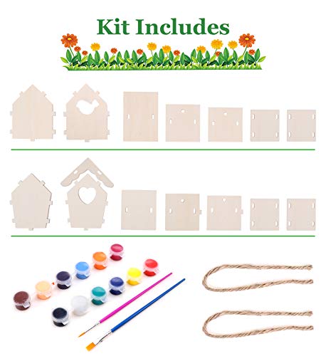 2 Pack Wooden DIY Bird House Kits for Kids, Crafts Wood Arts for Boys Girls Ages 3-8, Unfinished Bird House for Kids to Build and Paint(12 Paints+ 2 Brushes)