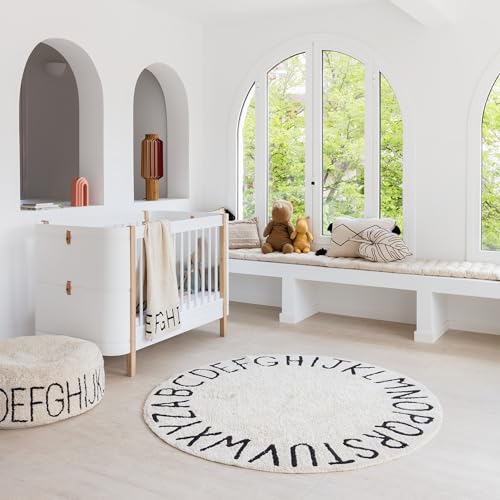 Lorena Canals Washable ABC rug for children's room or bedroom in natural/black. Handmade in round shape with cotton and non-toxic dyes - Ø150cm