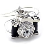 PammyJ Silvertone Miniature Camera Pendant Crystal Stud Necklace, 18"