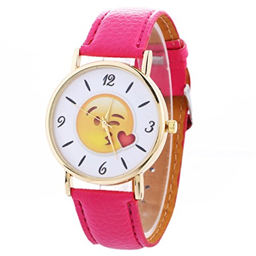 BCDshop Quartz Movement Watches Unisex Cute Funny Emoji Expression Leather Quartz Wrist Watch Fashion Gift (Hot Pink, Metal)