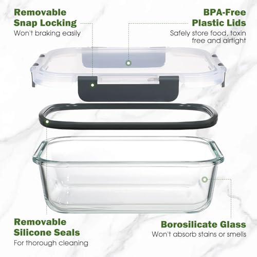 YASHE Glass Containers with Lids, 10 Pack Thick & Durable Food Containers - Stackable Airtight Glass Meal Prep Containers, BPA-Free Food Storage for Microwave, Oven, Freezer and Dishwasher