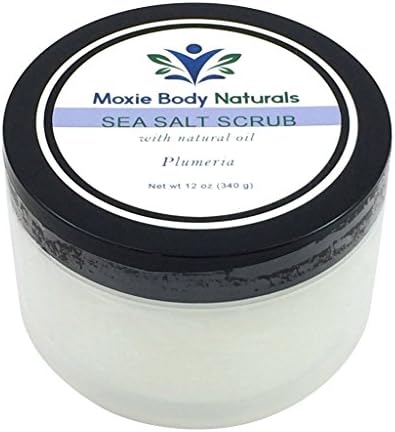 Natural Sea Salt Exfoliating Body Scrub with Natural Oil, PLUMERIA. All Skin Types. No Parabens, Phthalates, Dyes, Gluten, or Artificial Preservatives. Made in USA. 12 Ounces.