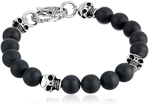 Crucible Jewelry Mens Matte Black Onyx Skull and Beaded Bracelet, One Size
