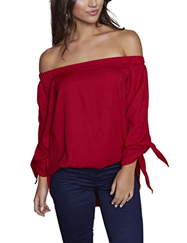 Just Quella Women's Off Shoulder Loose Shirt Blouse 8422 (L, Claret Red)