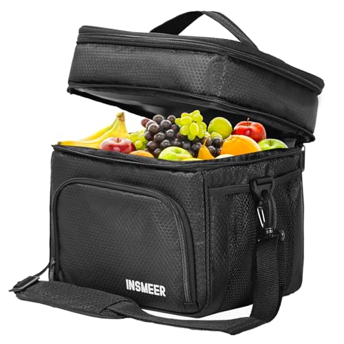 INSMEER Bolsa Térmica Marmita Para Homens, 2 Compartimentos Lancheira Termica Para Adulto Masculina Bolsa Termica De Separado Para Alimentos Quentes E Frios (2 Compartimentos, Preto)
