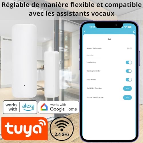 Sone Smart One 2.4GHz WiFi Door Opener Detector - Tuya/Smart Life Door and Window Sensor, Compatible with Alexa and Google Home Via App, Alarm, No Hub - 2 AAA Batteries Not Included