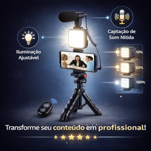 Kit de Gravação Completo com Tripé, Luz LED e Suporte para Celular – Ideal para Vlogs, Lives e Vídeos Profissionais Tripé com Luz LED e Microfone para Celular – Kit Vlogging Profissional Premium