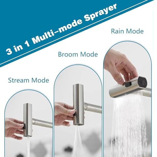 Aishini® Waterfall Kitchen Faucet, (SSV5) صنابير خلاط المطبخ with Pull Out Sprayer, 3 Spray Modes, Stainless Steel 304, High Pressure 360° Swivel Kitchen Sink Mixer, High Arc Single Hole Sink Tap