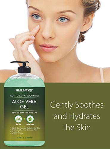 Aloe vera gel from 100 percent Pure Aloe Infused with Tea Tree Oil - Natural Raw Moisturizer for Hand Sanitizing Gel, Skin Care, Hair Care, Sun Burn, Acne & Eczema - 16.9 fl oz (Packaging May Vary)