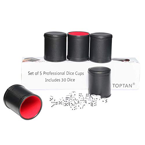 Leatherette Dice Cup Set Red Felt Lined Shaker with 6 Dot Dices for Yahtzee Farkle Bar Party Dice Games-5 Pack