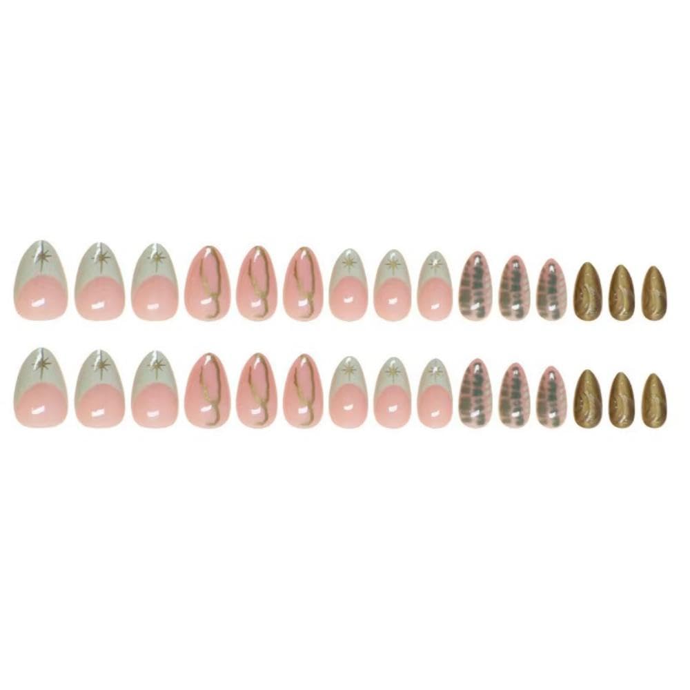 Green French Tip Press on Nails Short Almond Fake Nails Gold Line False Nails with Design Star Glue on Nails Glossy Artificial Acrylic Nail Full Cover Nude Stick on Nails for Women Manicure 30Pcs - Image 7