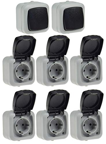 Feuchtraum Steckdosen Lichtschalter Set 8-teilig IP44 6x Steckdose 2x Schalter I Aufputz Montage I 230V I Klappdeckel…