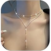 Shiny Crystal Long Necklace for Women Layered Rhinestone Y Shaped Statement Necklace Pearl Beaded Tassels Chain Necklaces Trendy Neck Jewelry Gifts