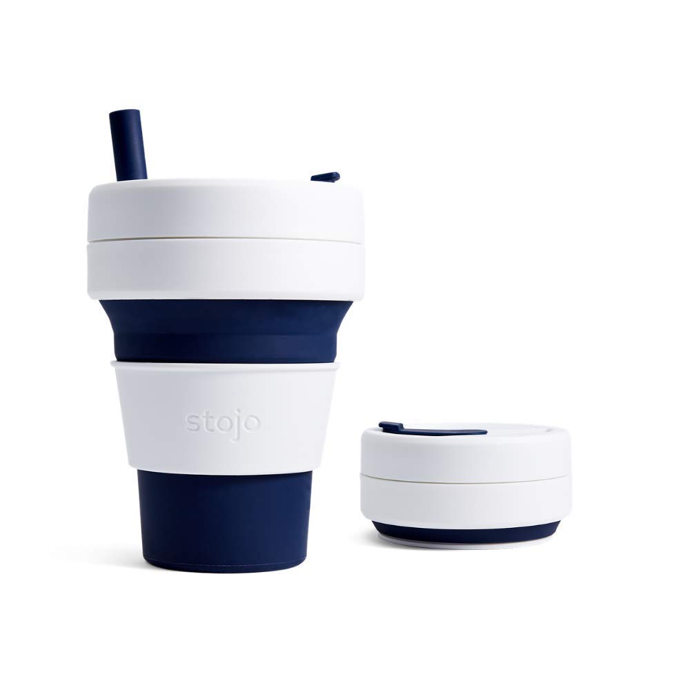 STOJO On-The-Go Biggie Collapsible Coffee Cup - 16oz / 473ml - Reusable & Foldable Silicone Travel Mug with Lid - Portable, Pocket Size - Dishwasher Safe - Indigo