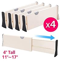 JONYJ Drawer Dividers/Organizer 4 Pack, Adjustable Separators 4" High Expandable from 11-17" for Bedroom, Bathroom, Closet, Office, Kitchen Storage, Strong Secure Hold, Foam Ends, Locks in Place