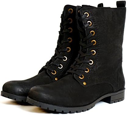 Aspele Womens Leather Black/Brown Combat Military Style Biker Ankle Boots with Lace up and Zip