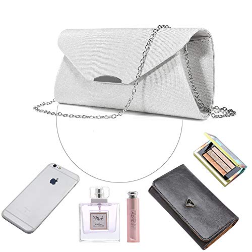 Evening Bag Clutch Handbags Envelope Purse for Women Flap Glitter with Chain Strap for Wedding Party Silver