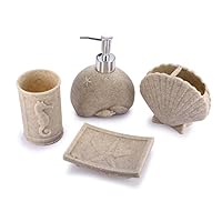 TTOYOUU 4pcs Bath Accessory Set, Stone Textured Shell Design Resin Soap Dish, Soap Dispenser,Toothbrush Holder & Tumbler Bath Ensemble Bathroom Accessory Collection Set