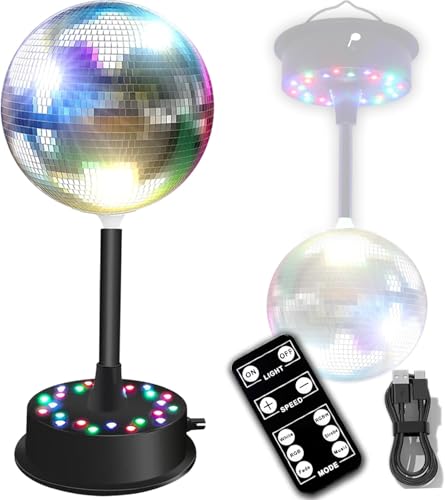 Silver Mirror Disco Ball Light, 6-Inch Mirror Ball with 23 RGBW LEDs, 360° Rotating Motor (5–10 RPM), Remote & Voice Control, Hanging Hook Included, Party Decor for Wedding, Birthday, Stage, Club