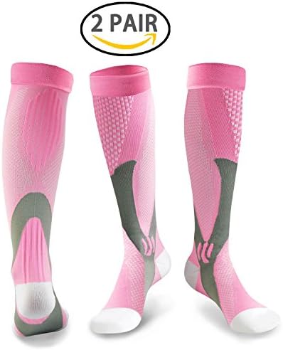 Compression Socks for Women, 20-30 mm Hg Graduated Athletic Medical Recovery Stockings for Nurses, Running, Maternity Pregnancy, Flight Travel, Edema, Swollen Ankles, Varicose, Airplane(Pink, 2 pair)