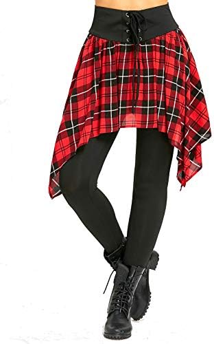 KENANCY Women Skirted Leggings Plaid Lace Up Skinny Active Pants Overlay