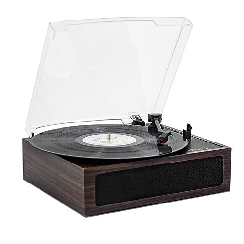LP&No.1 3 Speed Belt-Drive Bluetooth Turntable with Stereo Speakers, Vintage Vinyl Record Player,Dark Brown