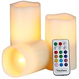 VonHaus Electric Candles - 3 x Flameless Battery Operated Real Wax Pillars - 12 LED Color Settings, Remote Control & Timer (Ivory Color)