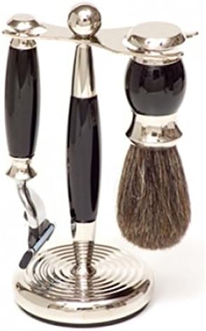 Perma Brands Black 3Pc Shaving Set Horn Shaving Brush Mach 3 Razor