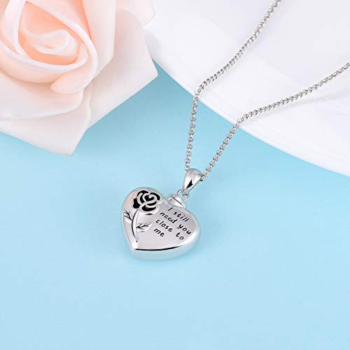 Cremation Jewelry Heart Urn Necklace for Ashes Keepsake Memorial Rose Flower Urn Pendant Necklace Sterling Silver in Memory of Family,I still need you close to me (rose urn necklace)