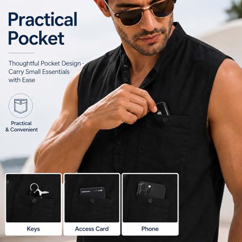 ATRACTIVOLL Camiseta Tirantes Hombre Camisa de Lino Hawaianas Playa Camiseta sin Mangas Henley Transpirable Camiseta Básica Tank Top Tiempo Libre Deporte Chalecos con Bolsillo Gym Gimnasio Fitness