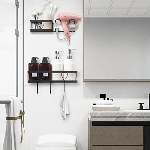 Shower Caddy Shelf Organizer & Bathroom Hair Dryer Hanging Organizer with Hooks, No Drilling Traceless Adhesive Wall Mounted Shower Shelves, Rustproof Stainless Steel Storage Organizer, 2Pack/ Black