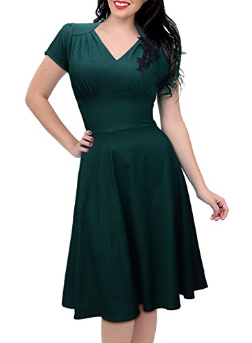 Missmay Women's Vintage Cap Sleeve Retro 1950'S V Neck Rockabilly Skaters  Swing Dress XXL Dark Green - Main Image