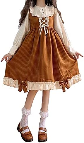 JIANMIN lolita dress for women Japanese Autumn Kawaii Lolita Cosplay Dress  Sweet Girl Bow Full Sleeve Cute Ruffles Brown Stripe Dresses (Color :  Brown, Size : M) (Color : Brown, Size :