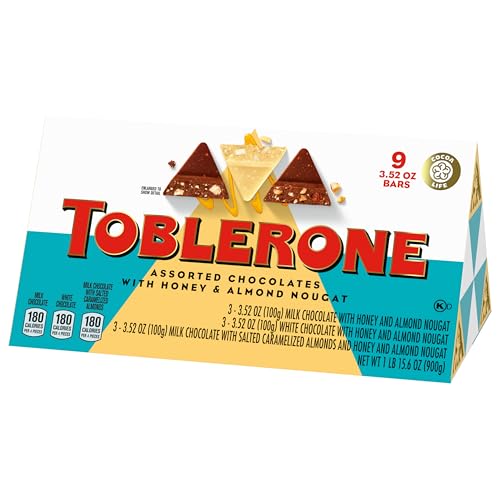 TOBLERONE ASSORTED CHOCOLATE BARS VARIETY PACK (MILK, WHITE, & SALTED CARAMELIZED ALMONDS), BULK CHOCOLATE, 1 GIFT BOX (9 BARS)