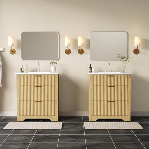 Farmhouse Bathroom Vanity 30", Fluted Freestanding Cabinet with Sink, 2 Drawers, Flip-Down Drawer, Natural Oak, Easy to Clean Natural Wood