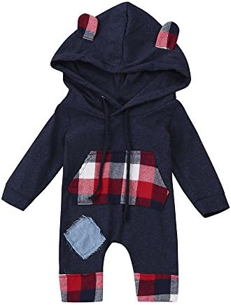 Cute Newborn Kid Baby Bear Grid Hoodie Boys Girls Outfits Patches Clothes Jumpsuit (12M, DG)