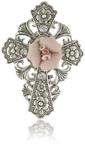 The Vatican Library Collection Pink Floral Cross Brooch