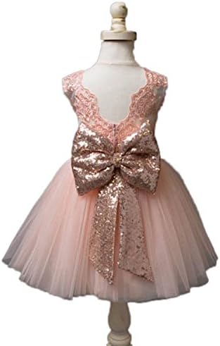 Automan Rose Gold Sequins Bow lovely Flower Girls Big Bow Sash Belt (L(8-12T), Rose)