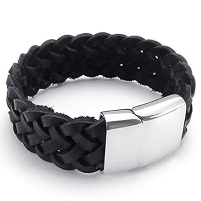 Men Stainless Steel Rope Bracelet Braided Leather Bracelet for Men by Aienid