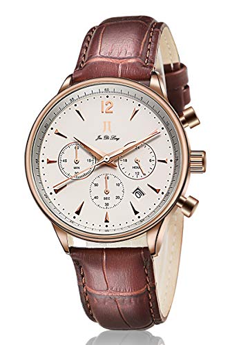 Mens Wrist Watches Stainless Steel Watch Leather Band Waterproof Watch Modern Fashion Boss Quartz Watch for Business Male Chronograph Wristwatch Rose Gold Brown