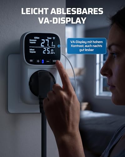 DEWENWILS Smart Thermostat Socket, WiFi Temperature Controller with Sensor 230 V, App Control, LCD Display, 6 Operating Modes with Heating/Cooling/Timer for Greenhouse, Terrarium, Fridge