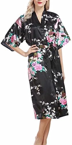 Puluo Women's Peacock Nightwear Pyjamas Silk Satin Blossoms Robe Bathrobe Nightdresses Soft Kimono Gown