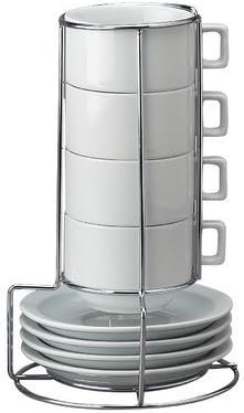 HIC Juego de 9 apilable Cappuccino café juego de té, Fine blanco porcelana, juego de 4 (