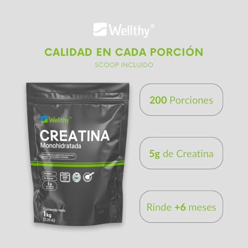 Wellthy Creatina Monohidrata Micronizada 1kg. 100% Pura, Pre Entreno Sin Sabor y Sin Azúcar, 5g de Creatina por porción, 160 días de Consumo, Scoop Incluído, Bottle Free.