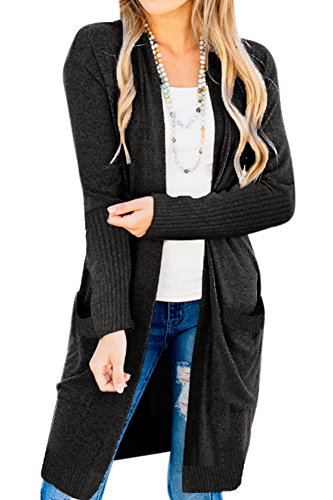 Women Plain Casual Long Sleeve Sweater Cardigan Pocket Open Front Knit Jumper Coat Black L