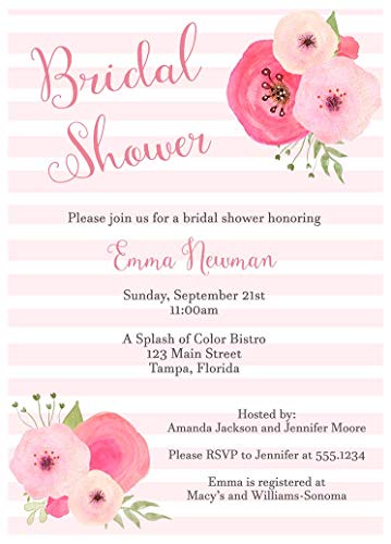 Floral Bridal Shower Invitations Stripes Wedding Party Invites Watercolor Blossoms Flower Clusters Mimosas Champagne Brunch and Bubbly Pink Blush (10 Count)