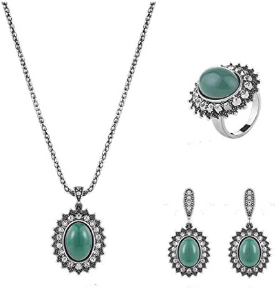 Turkey Series Turquoise Necklace Crystal Ring Retro Earrings Gift Jewelry Set Silver