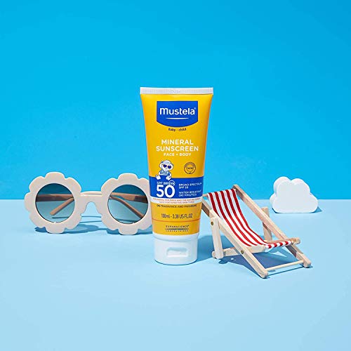 MUSTELA BABY MINERAL SUNSCREEN LOTION SPF 50 BROAD SPECTRUM – FACE & BODY SUN LOTION FOR SENSITIVE SKIN – WATER RESISTANT & FRAGRANCE FREE – REGULAR & FAMILY SIZE